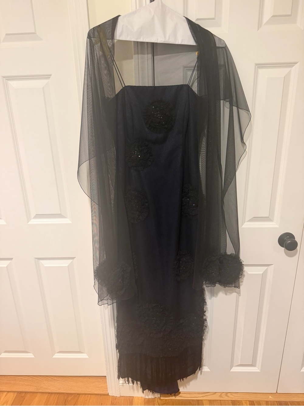 Vintage Tina di Martina Couture Black Beaded Floral Evening Gown w/ Sheer Wrap